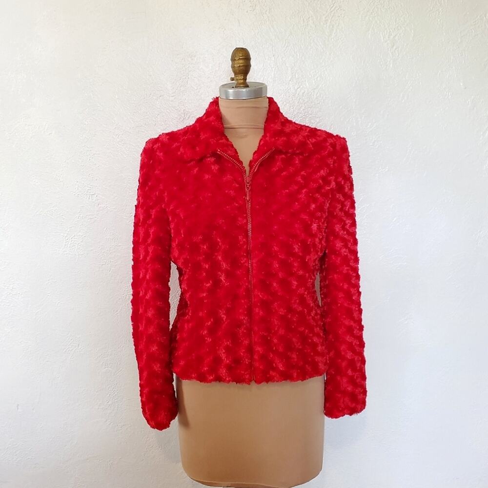 Vintage Town & Travel Red Plush Whirl Pattern Jacket Full Zip Size 10